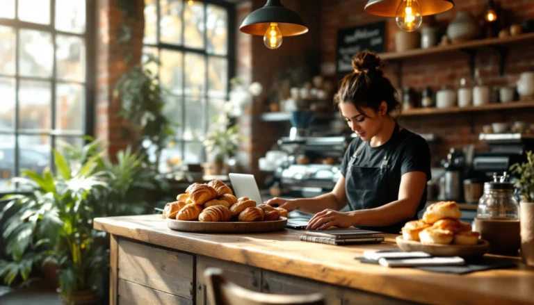 Small business café owner preparing beverages at wooden counter with laptop nearby