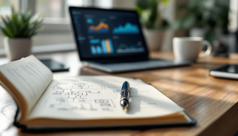 Home office desk with notebook, pen, and blurred laptop showing analytics dashboard in background
