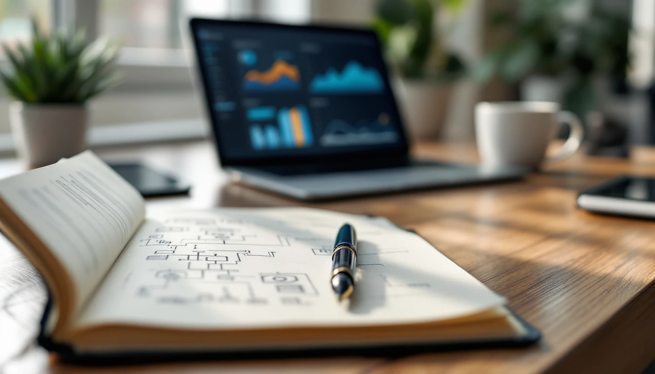 Home office desk with notebook, pen, and blurred laptop showing analytics dashboard in background