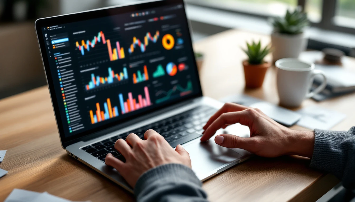 Professional workspace with laptop showing analytics charts and coffee mug on wooden desk