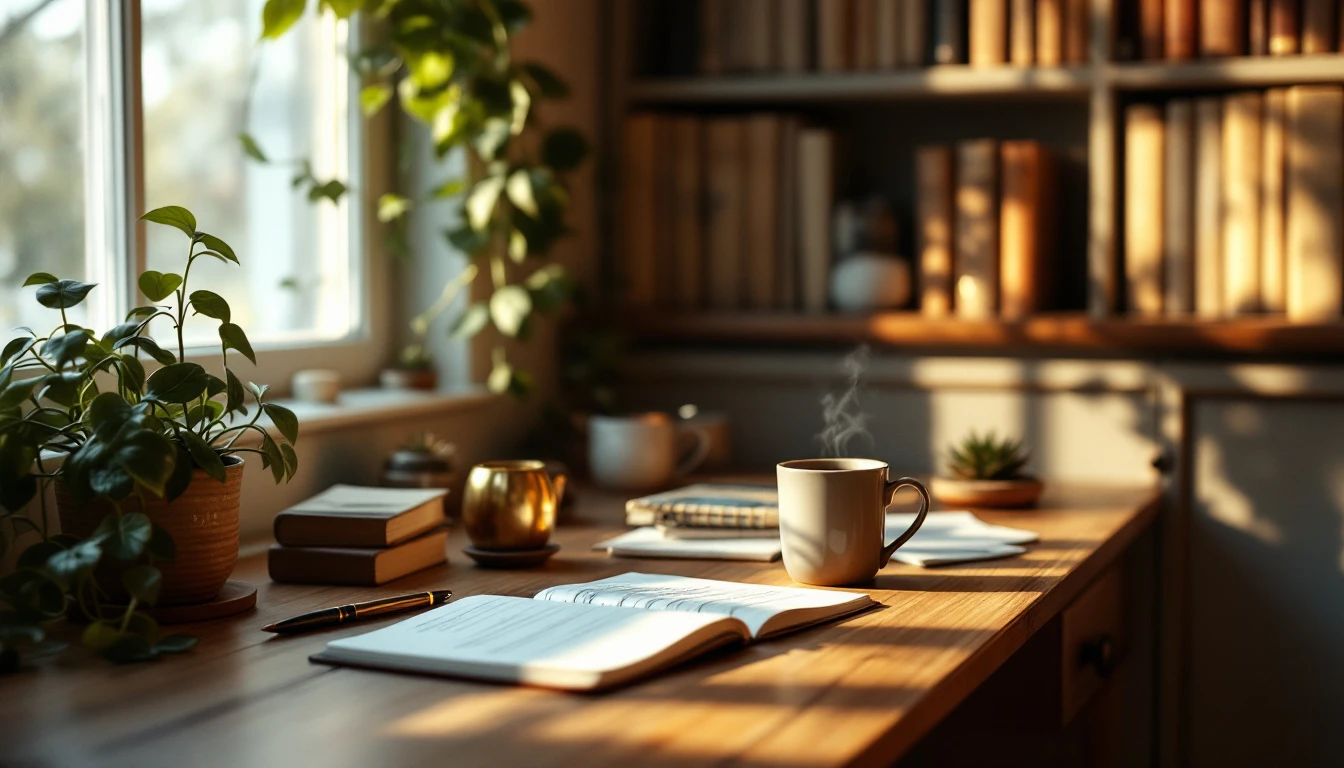 Writer's desk with notebook, coffee, plants, and reference materials in naturally lit home office