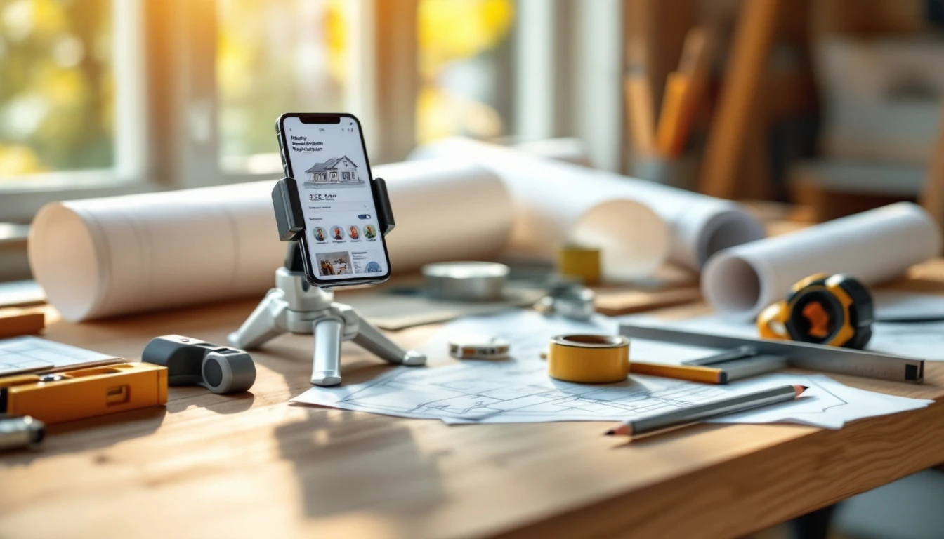 Smartphone on tripod with home improvement app surrounded by blueprints and tools on wooden workbench