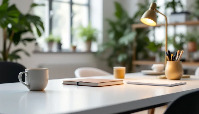 Clean modern office desk with coffee mug, lamp, and minimal workspace essentials in natural light