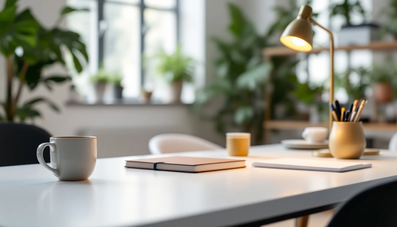 Clean modern office desk with coffee mug, lamp, and minimal workspace essentials in natural light