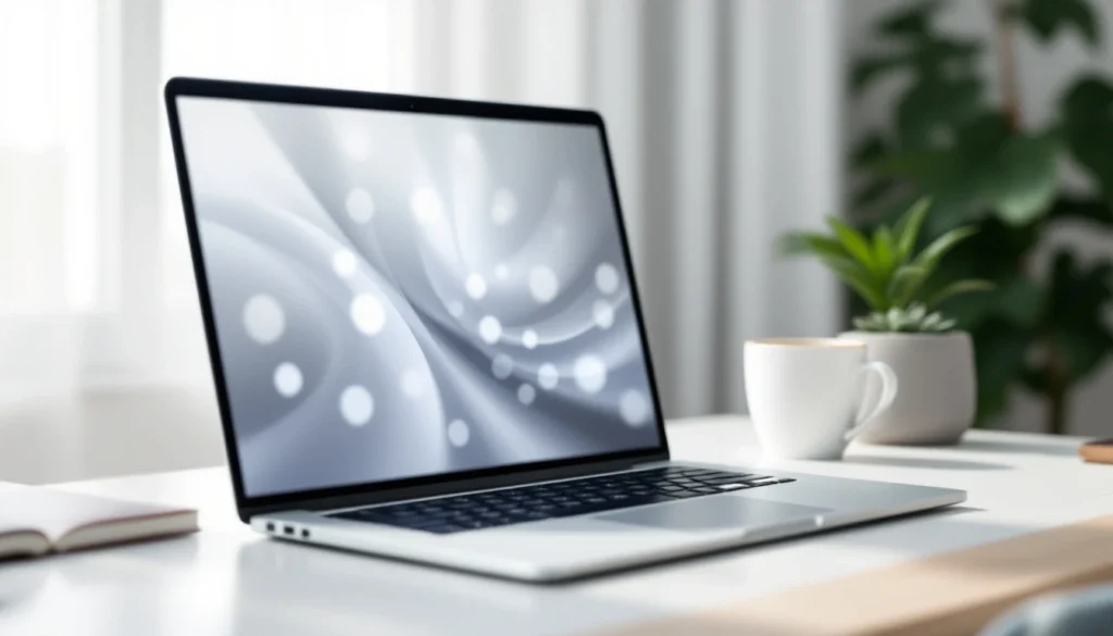 Modern laptop workspace with abstract analytics display, coffee cup, and minimalist desk setup
