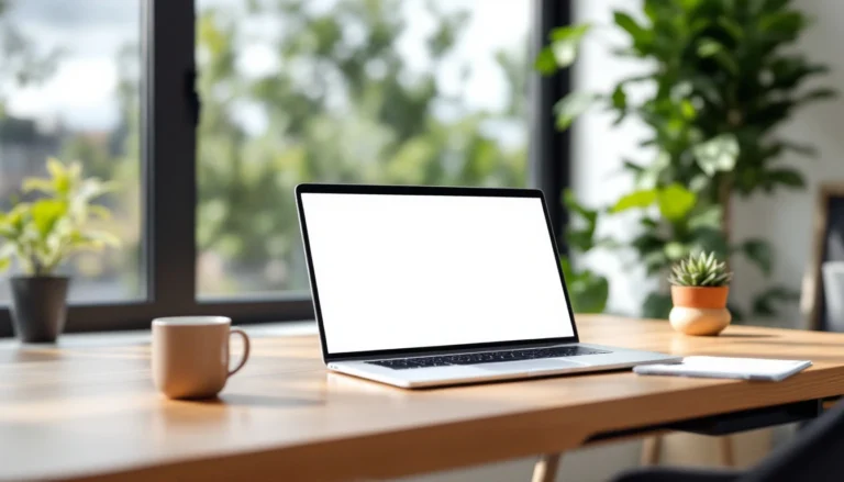 Modern home office workspace with laptop and natural lighting for small business content creation